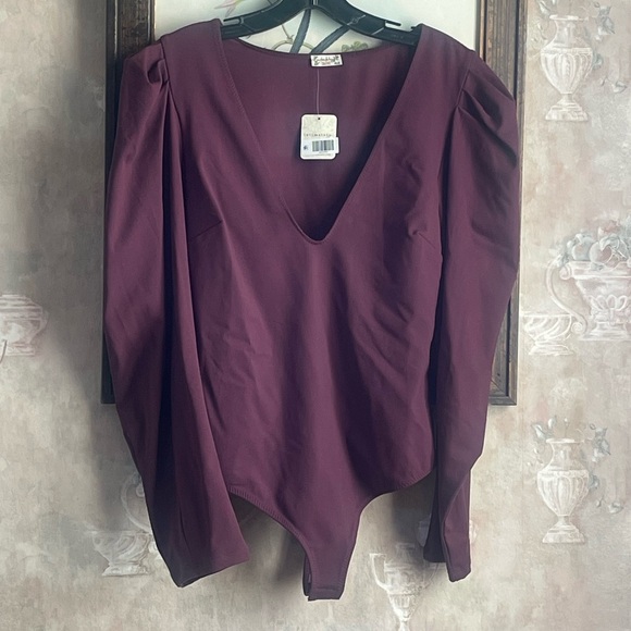 FREE PEOPLE VA VA VOOP PUFF SLEEVE BODY SUIT LARGE WINE - Picture 7 of 7